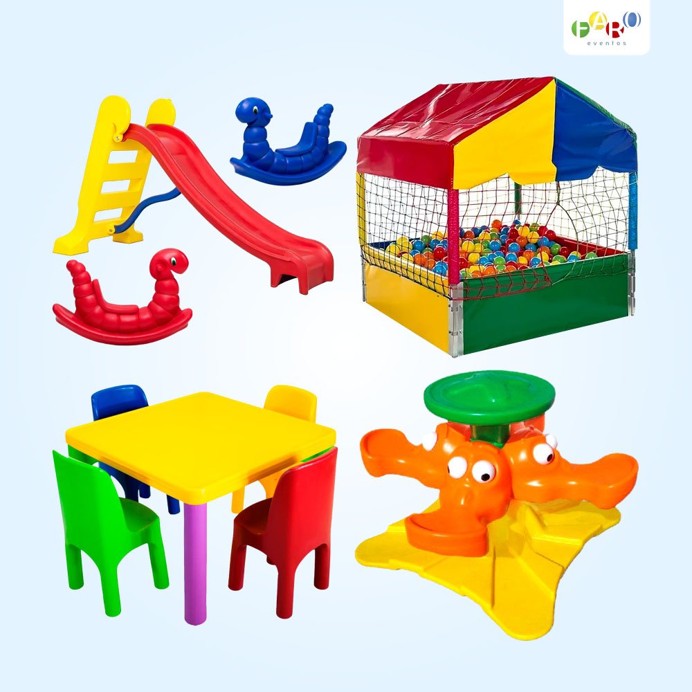 Combo Área Baby - Escorregador Infantil Médio - Gangorra Infantil Minhoca Nhoca - Gira Gira Pato Infantil - Piscina de Bolinhas - Mesinha Plástica Infantil com 4 Cadeiras - Aluguel de Brinquedos - Faro Eventos - Joaçaba